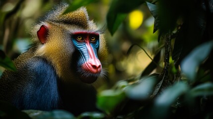 A mandrill monkey with a red face and blue rump stares intently from behind green foliage.