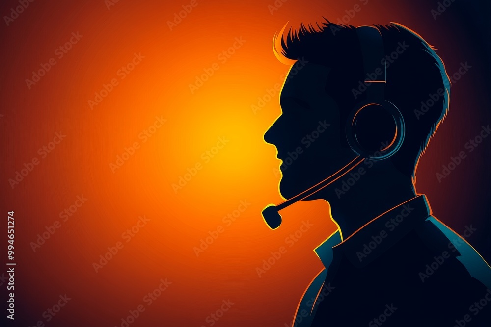 Poster silhouette of a man wearing a headset set against an orange glow symbolizing communication technolog