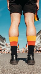 a festive Oktoberfest parade with people in traditional Bavarian costumes marching through the streets carrying flags flowers and beer mugs with a backdrop of historical German architecture and blue s