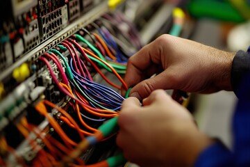 close-up shot of a communication installer carefully connecting wires in a server room, emphasizing the intricate details of the equipment and cables