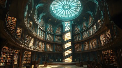 Obraz premium A massive stone library tower, with rows of ancient scrolls spiraling upward in perfect symmetry, and light filtering through a grand, stained-glass window at the top