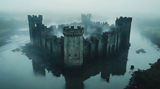 A massive stone fortress in a perfect ring, tall watchtowers along the outer walls, deep moat surrounding the structure, mist rising from the water
