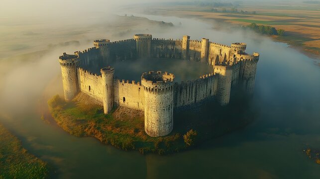 A massive stone fortress in a perfect ring, tall watchtowers along the outer walls, deep moat surrounding the structure, mist rising from the water