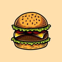 big cheese burger line art style sketch classic vintage design illustration