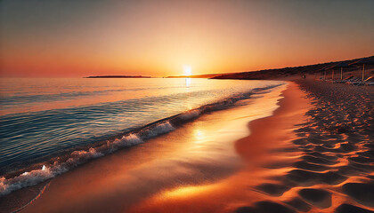 Beautiful beach sunset with golden sand, calm waves, and a peaceful atmosphere. The sun sets over the ocean, casting vibrant colors across the sky and creating a tranquil seaside scene. AI-generated