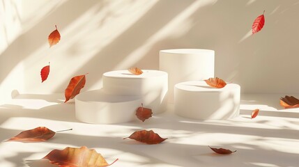 White Cylindrical Platforms with Scattered Autumn Leaves in Sunlit Room