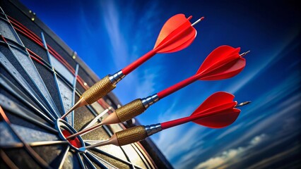 Three red darts are hitting the center of a target on a blue sky with clouds background