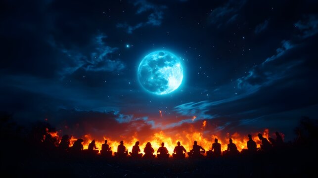 A mystical drum circle under a full moon, the musicians in a perfect ring, drumming with energy as the moonlight illuminates their rhythmic movements