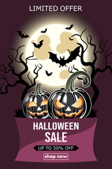 halloween sale, template discount banner design. box with halloween, pumpkins, bats, moon and ugly trees. to promote purchases in the autumn season. modern bright vector illustration en purple tones