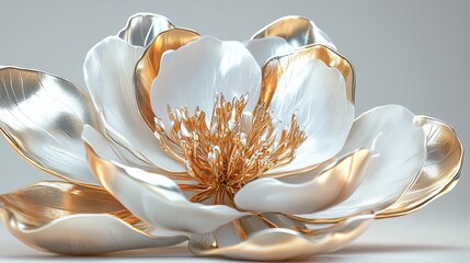 Blooming white gold flower, delicate metallic petals glistening in soft light, isolated on a white backdrop, photorealistic, detailed texture, ultra high-resolution, luxury feel