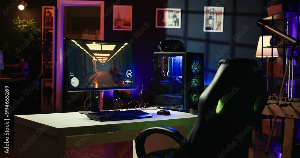 Poster computer screen showing fps videogame left open at night in empty apartment with rgb lights. close u