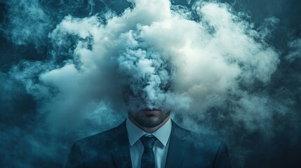 Businessman surrounded by soft, ethereal clouds of smoke in a dark background. Smoke symbolizes his hidden emotions and inner struggles with mental health