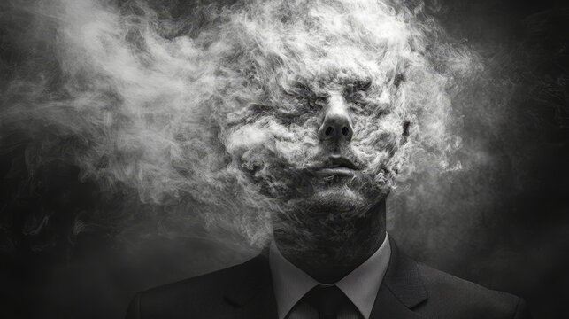 Businessman's face fragmented into tendrils of smoke, dissolving into the dark void, symbolic of mental fog, monochrome color scheme, high-detail digital rendering, moody atmosphere