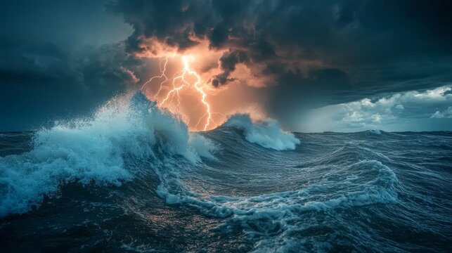 Close-up of a powerful lightning strike hitting the surface of the ocean, waves crashing under the electrifying force, storm clouds heavy in the background