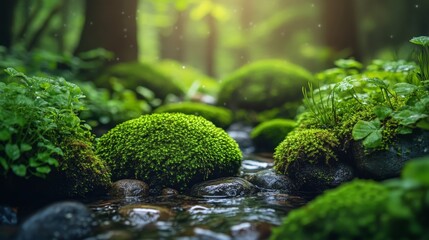 Close-up of lush green moss growing on rocks, surrounded by dewy foliage in an untouched, calming forest environment, soft morning light overhead