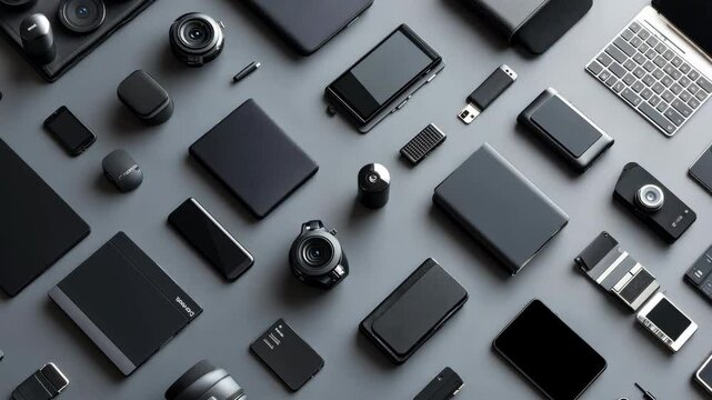 A flat lay of various black tech accessories and devices on a grey background
