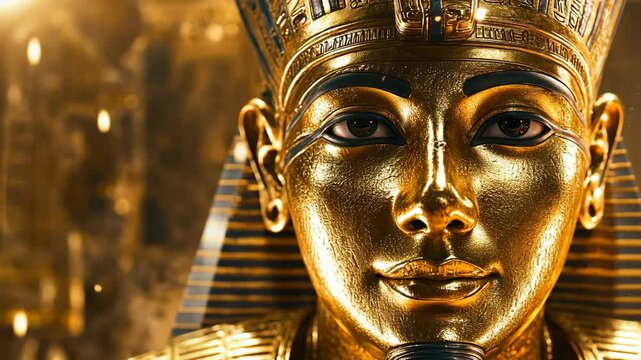 A close-up of the golden mask of Tutankhamun, an Egyptian pharaoh who ruled in the 18th Dynasty
