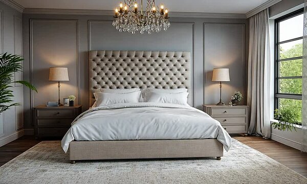 Elegant bedroom featuring a plush bed and stylish decor.