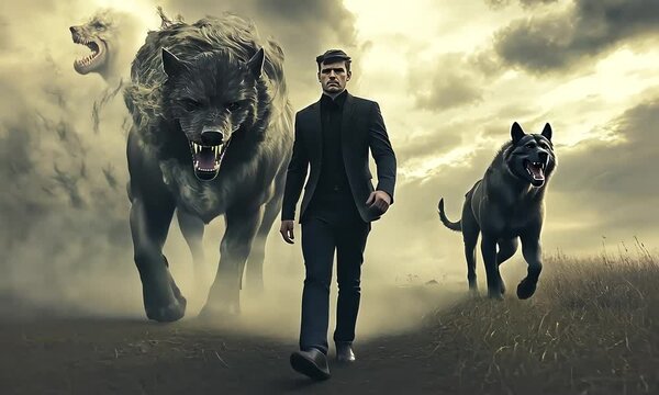 Man walking with giant dark wolves in ominous landscape with ai generated.
