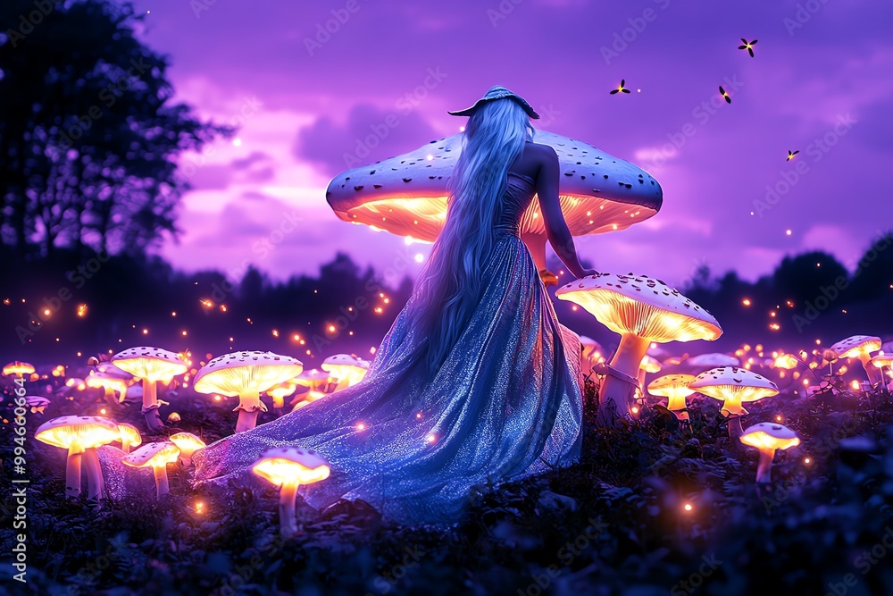 Poster a witch with a flowing silver gown, standing in a field of glowing mushrooms under a purple twilight