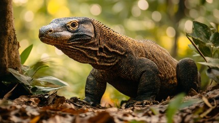Obraz premium A Komodo dragon, a large lizard native to the Indonesian islands of Komodo, Rinca, Flores, Gili Motang, and Padar, looks to the left while standing in a forest setting.