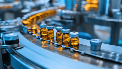 
Medical vials moving on a production line conveyor belt in pharmaceutical healthcare factory manufacturing mass production prescription drugs medication