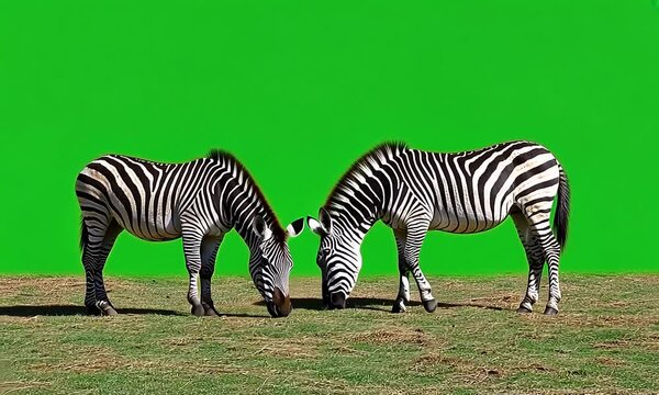 Two zebras grazing on grass with green background with ai generated.
