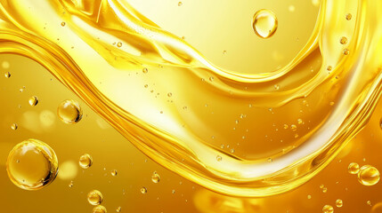 Golden oil liquid background. Template cosmetic products with oil Q10. Olive oil. Vegetable oil background.