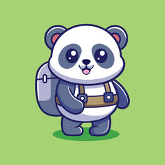 Cute Panda Traveling With Backpack Cartoon Vector Icon Illustration