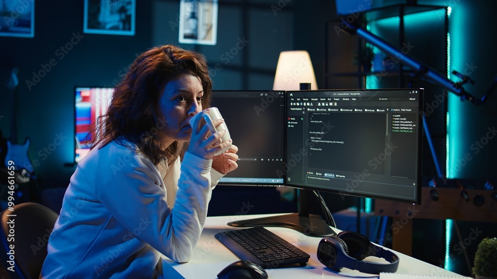 Poster portrait of smiling it specialist drinking coffee while looking for company security vulnerabilities