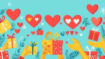 World Kindness Day Acts of kindness infographic with hearts, gifts, and helping hands, flat design illustration