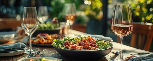 Fototapeta premium A beautifully arranged outdoor dining scene featuring fresh salad, vibrant dishes, and elegant glasses of rose wine.