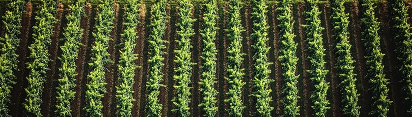 Obraz premium Aerial view of neat green rows in a thriving agricultural field, showcasing healthy crops and sustainable farming practices.