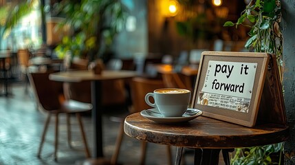 World Kindness Day Cozy coffee shop scene with a "pay it forward" message board, World Kindness Day, random acts of kindness and community