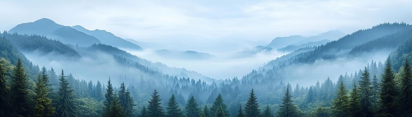 Fototapeta premium A serene landscape showcasing misty mountains and lush evergreen trees under a calming blue sky, inviting peace and tranquility.