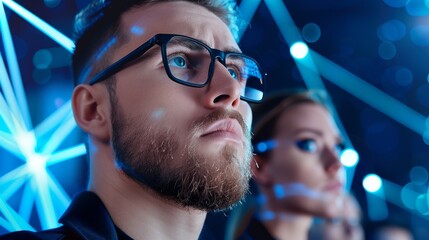 AI-powered cybersecurity: A team of IT specialists reviewing data streams in a virtual environment