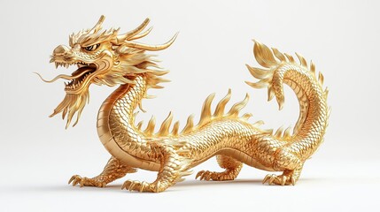 Fototapeta premium A stunning golden dragon sculpture showcasing intricate details and a fierce expression, perfect for mythology enthusiasts.