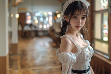 Fototapeta premium 可愛いメイドコスプレ姿の女性 フリル
