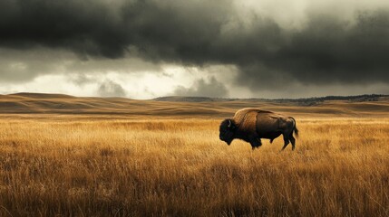 A lone bison stands in a field of tall grass under a dramatic stormy sky.