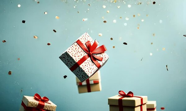 Floating gift boxes with red ribbons and confetti with ai generated.
