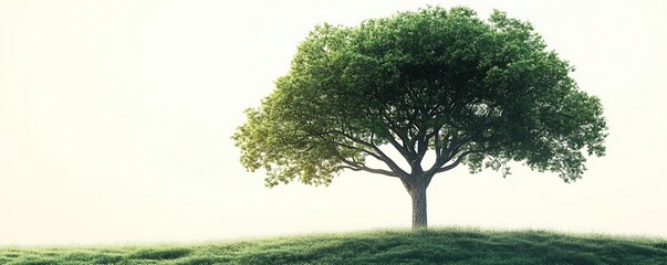 A solitary tree stands gracefully on a gentle hill, surrounded by a serene, misty landscape, symbolizing peace and tranquility.