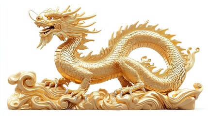 A stunning golden dragon statue, intricately designed and symbolizing power and prosperity, perfect for decorative or cultural themes.