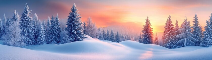 Fototapeta premium A serene winter landscape featuring snow-covered hills and pine trees illuminated by a beautiful sunrise.