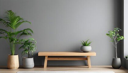 Contemporary minimalistic interior featuring a wooden bench, gray wall, and lush air-purifying plants