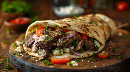 Gyros served with a side of Greek salad, captured using an ultra HD camera with a ring light for even illumination