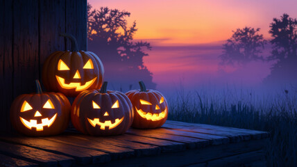 pumpkins with warm orange light glowing from within. The pumpkins are positioned on a wooden surface 