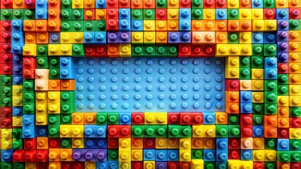 Fototapeta premium Background of colorful plastic building blocks forming a frame with space for copy