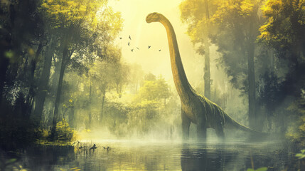 A vibrant depiction of a Brachiosaurus towering over a lush, prehistoric swamp, with its long neck stretching upwards toward the treetops