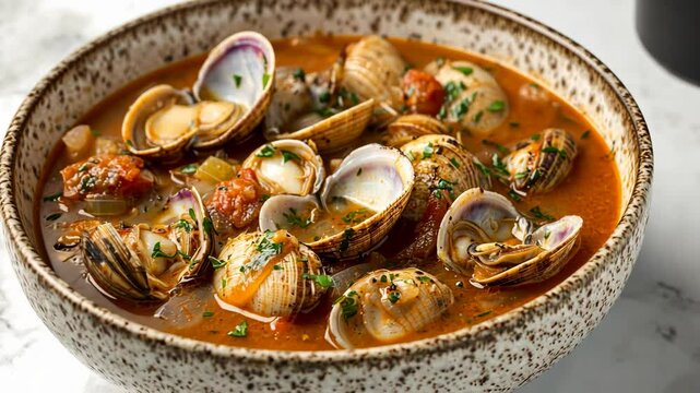 A bowl of clam chowder with fresh parsley sits on a white countertop