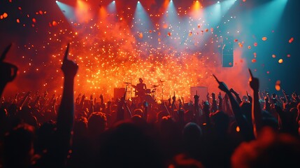 A vibrant concert scene with a cheering crowd, illuminated by colorful lights and fireworks, capturing the energy of live music.